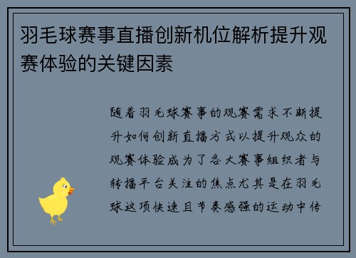 羽毛球赛事直播创新机位解析提升观赛体验的关键因素