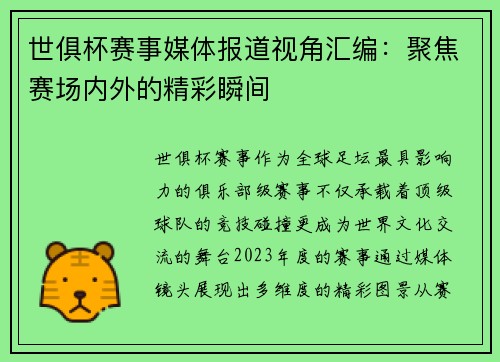 世俱杯赛事媒体报道视角汇编：聚焦赛场内外的精彩瞬间